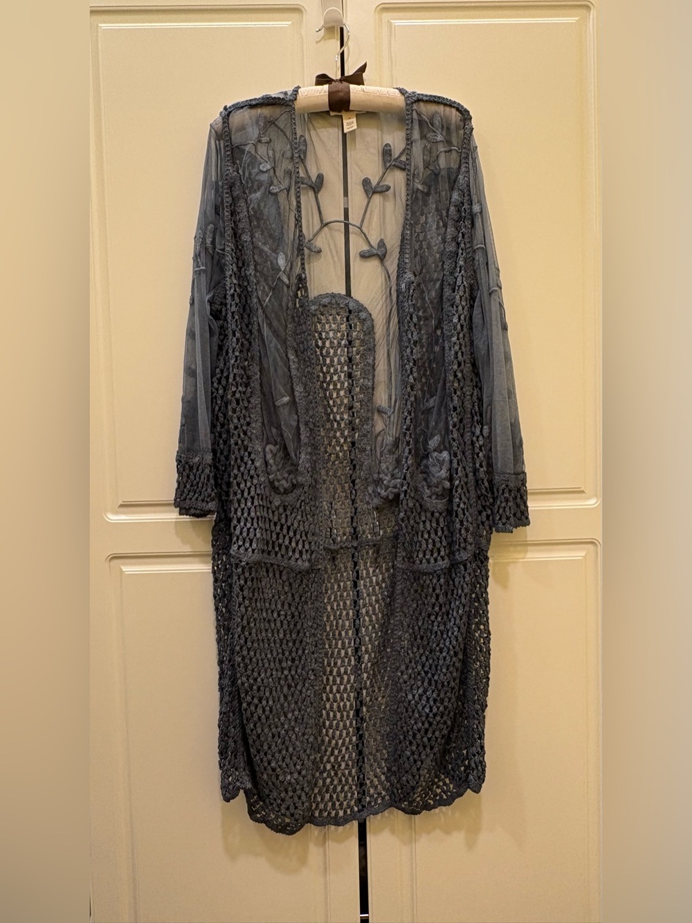Indigo Thread Co Blue Crocheted Floral Lace Mesh Open Kimono Cardigan Plus 3X